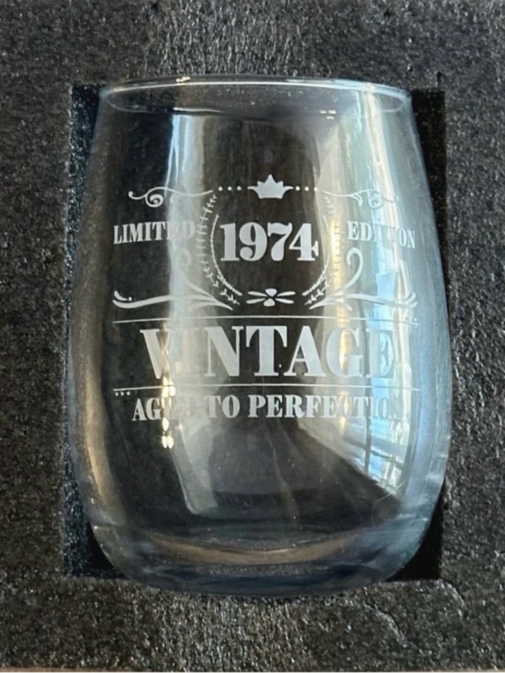 Stemless Wine Glass with White Wording '1974 Limited Edition’